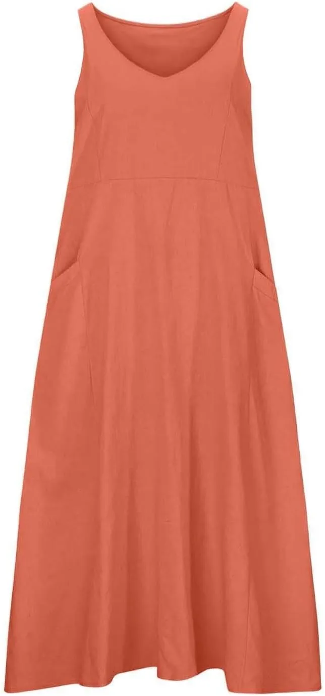 Summer Dresses for Women 2025 Cotton Linen Sleeveless Elegant Flowy Plus Size Loose Comfy Dress with Pockets