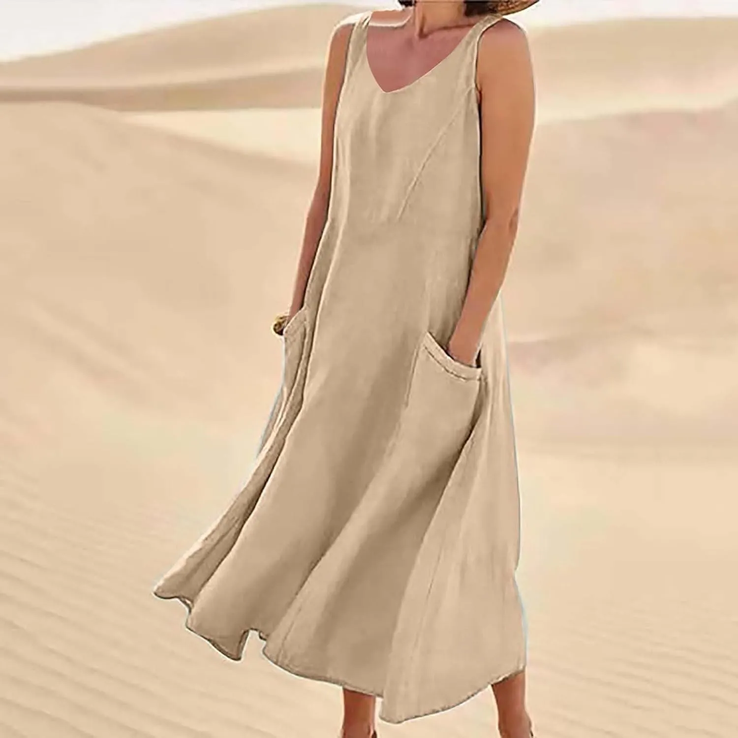 Summer Dresses for Women 2025 Cotton Linen Sleeveless Elegant Flowy Plus Size Loose Comfy Dress with Pockets