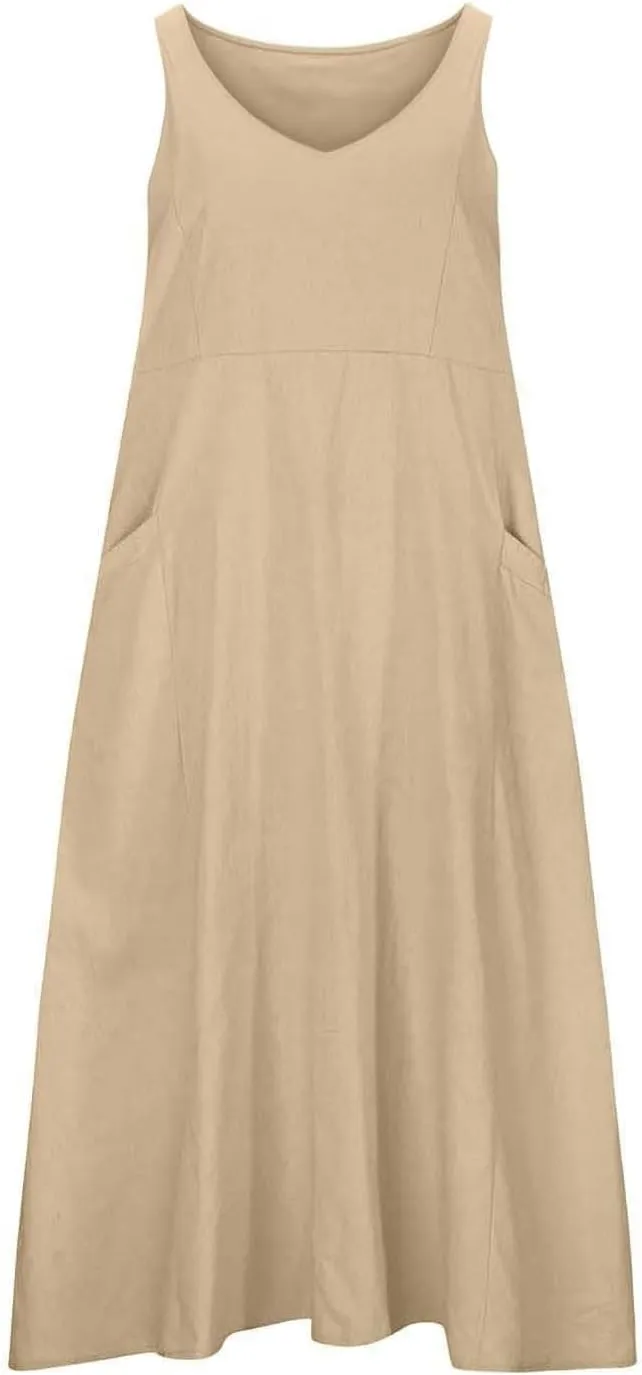 Summer Dresses for Women 2025 Cotton Linen Sleeveless Elegant Flowy Plus Size Loose Comfy Dress with Pockets