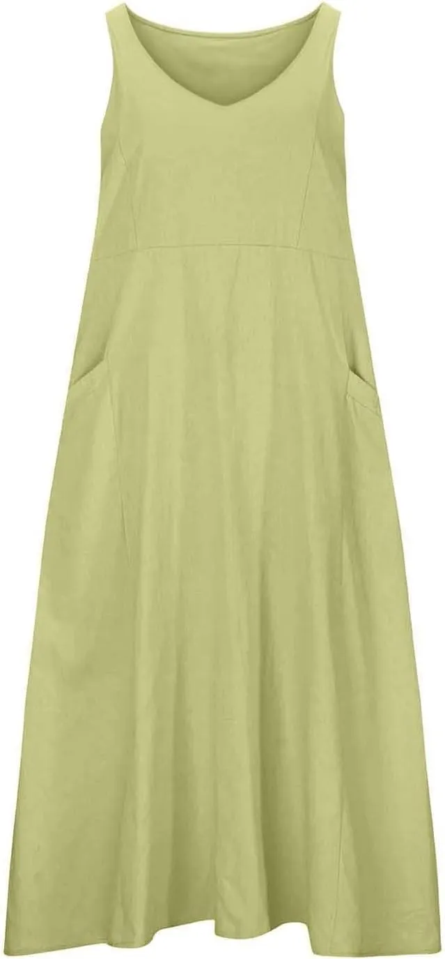 Summer Dresses for Women 2025 Cotton Linen Sleeveless Elegant Flowy Plus Size Loose Comfy Dress with Pockets