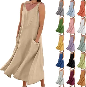 Summer Dresses for Women 2025 Cotton Linen Sleeveless Elegant Flowy Plus Size Loose Comfy Dress with Pockets