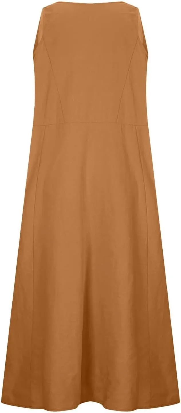 Summer Dresses for Women 2025 Cotton Linen Sleeveless Elegant Flowy Plus Size Loose Comfy Dress with Pockets