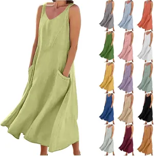 Summer Dresses for Women 2025 Cotton Linen Sleeveless Elegant Flowy Plus Size Loose Comfy Dress with Pockets