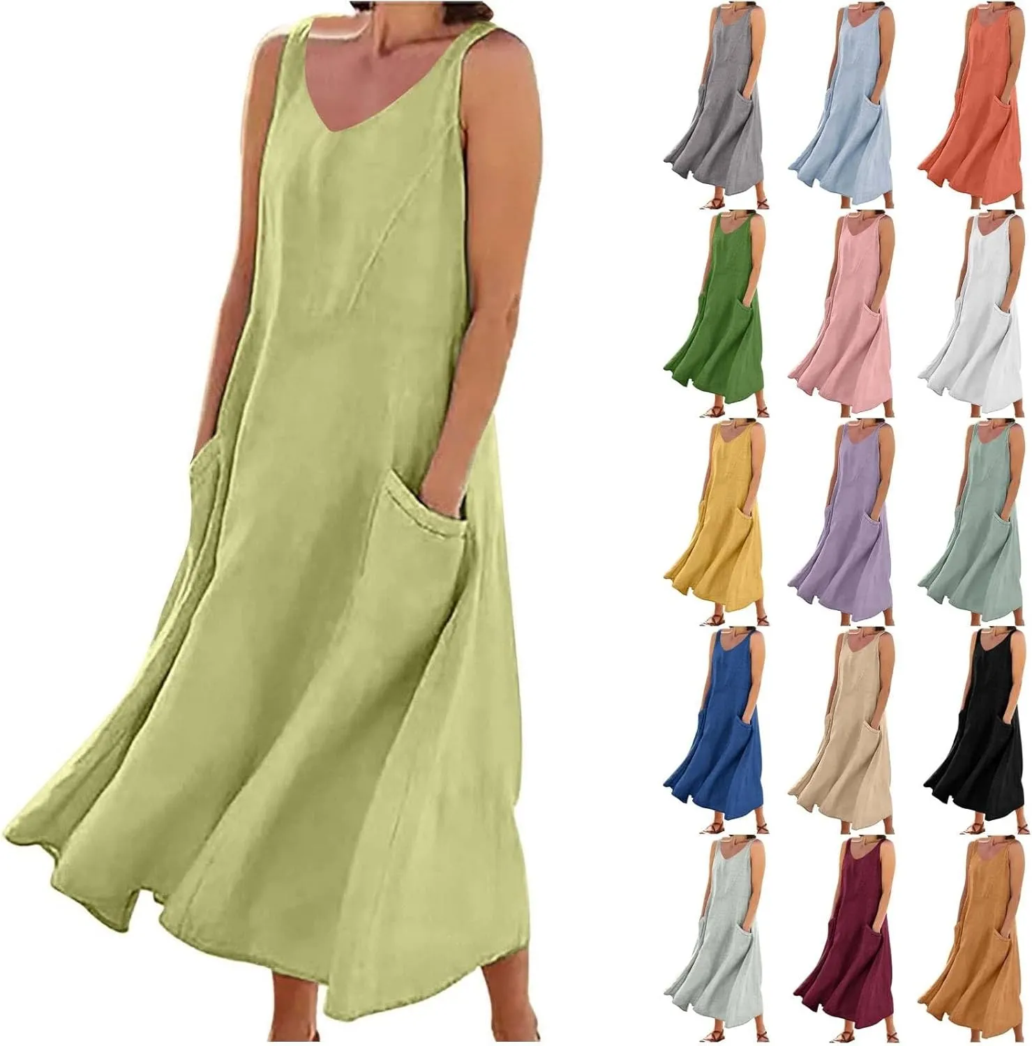 Summer Dresses for Women 2025 Cotton Linen Sleeveless Elegant Flowy Plus Size Loose Comfy Dress with Pockets