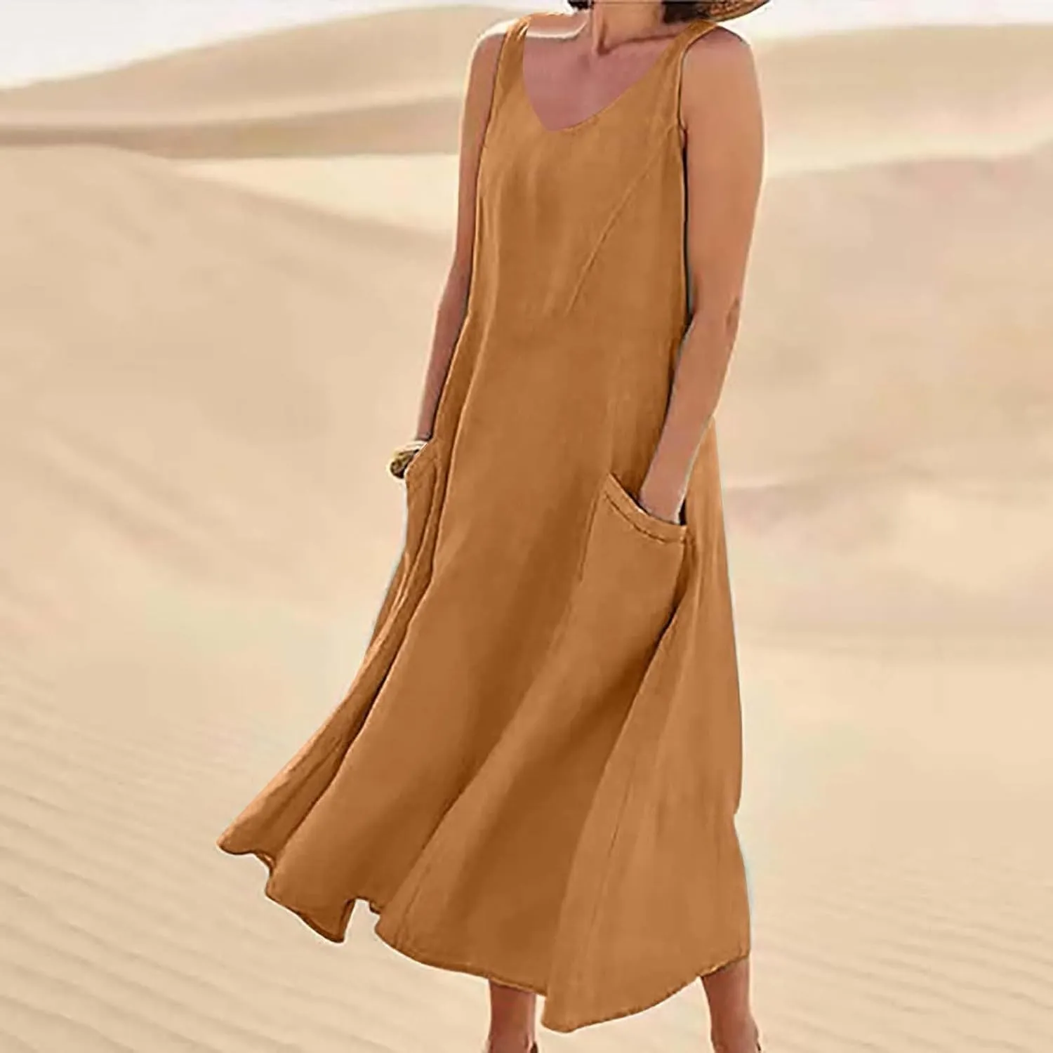 Summer Dresses for Women 2025 Cotton Linen Sleeveless Elegant Flowy Plus Size Loose Comfy Dress with Pockets