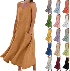 Summer Dresses for Women 2025 Cotton Linen Sleeveless Elegant Flowy Plus Size Loose Comfy Dress with Pockets