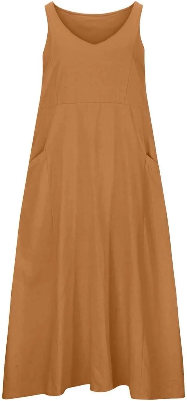 Summer Dresses for Women 2025 Cotton Linen Sleeveless Elegant Flowy Plus Size Loose Comfy Dress with Pockets