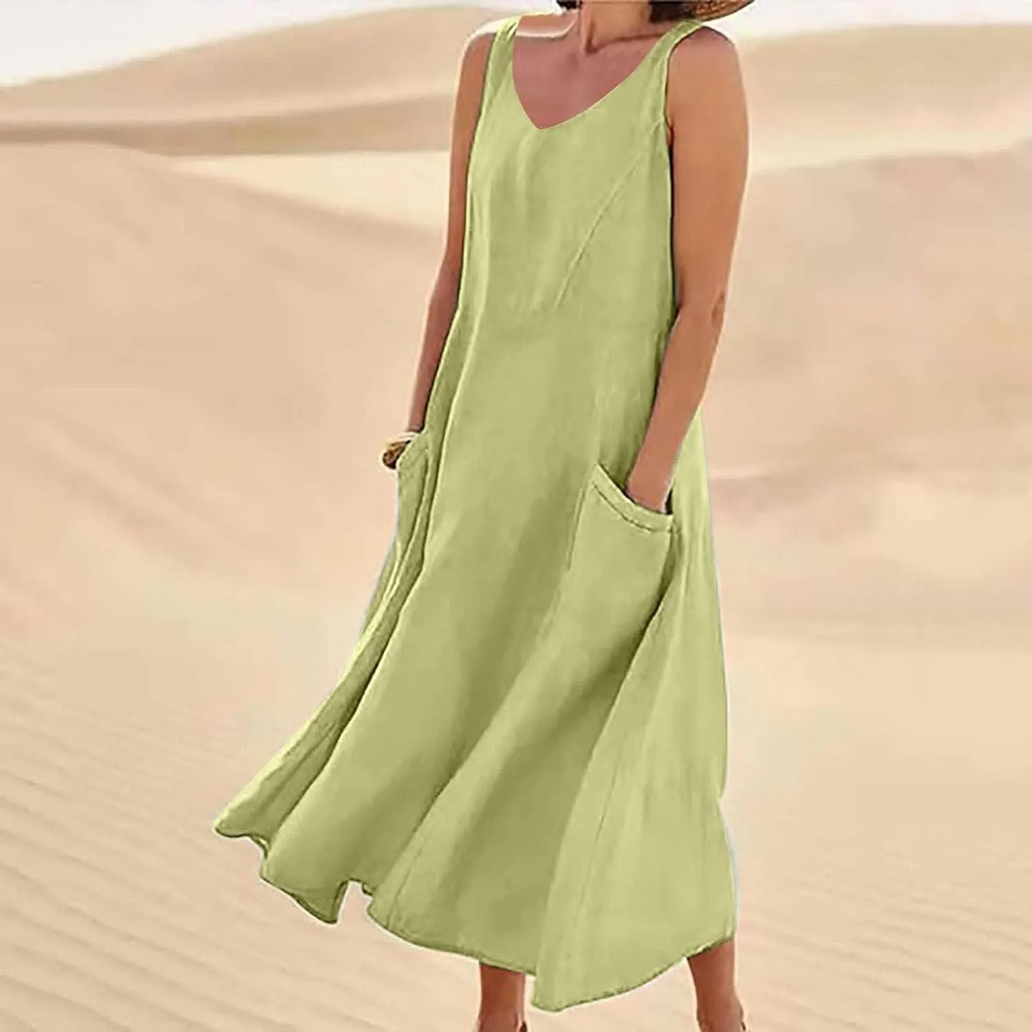 Summer Dresses for Women 2025 Cotton Linen Sleeveless Elegant Flowy Plus Size Loose Comfy Dress with Pockets