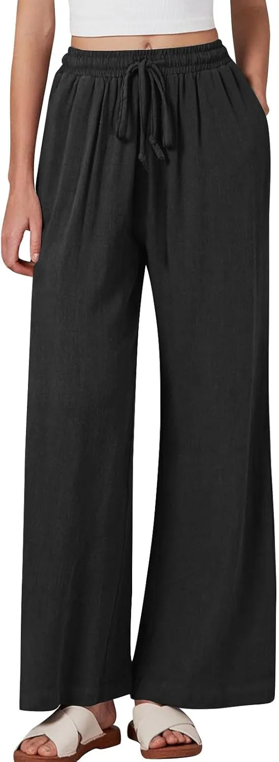 Summer Pants for Women 2025 Cotton Linen Wide Leg Pants Drawstring Elastic Waist Flowy Trousers with Pockets