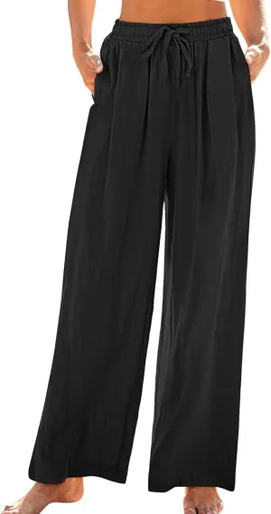 Summer Pants for Women 2025 Cotton Linen Wide Leg Pants Drawstring Elastic Waist Flowy Trousers with Pockets
