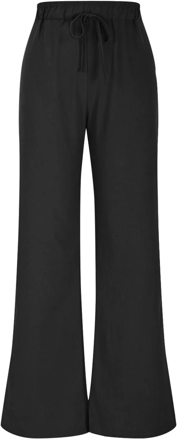 Summer Pants for Women 2025 Cotton Linen Wide Leg Pants Drawstring Elastic Waist Flowy Trousers with Pockets