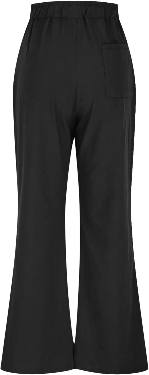 Summer Pants for Women 2025 Cotton Linen Wide Leg Pants Drawstring Elastic Waist Flowy Trousers with Pockets