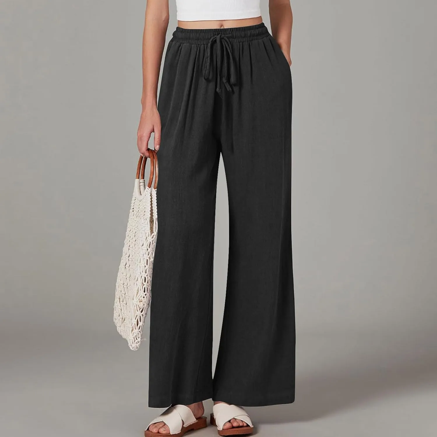 Summer Pants for Women 2025 Cotton Linen Wide Leg Pants Drawstring Elastic Waist Flowy Trousers with Pockets
