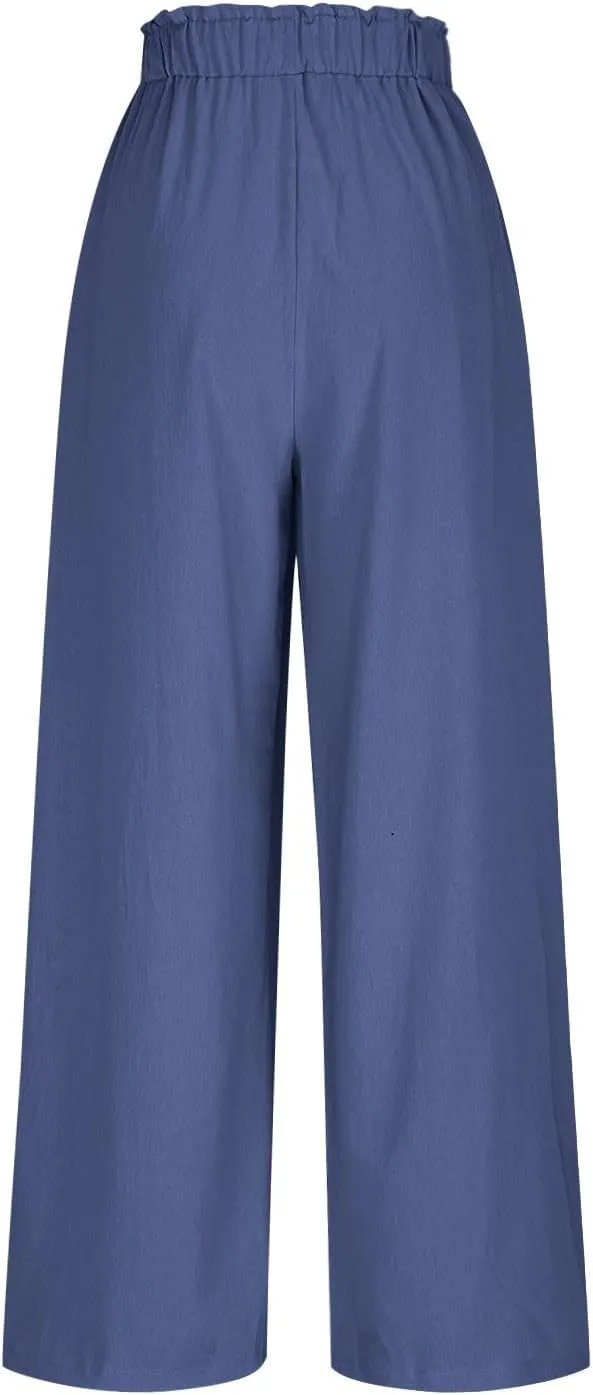 Summer Pants for Women Cotton Linen Straight Wide Leg Ankle Pants Drawstring Elastic Waist Trousers with Pockets