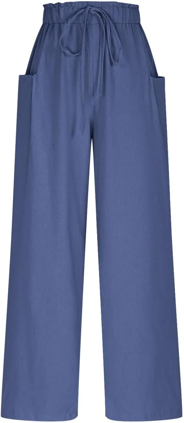 Summer Pants for Women Cotton Linen Straight Wide Leg Ankle Pants Drawstring Elastic Waist Trousers with Pockets