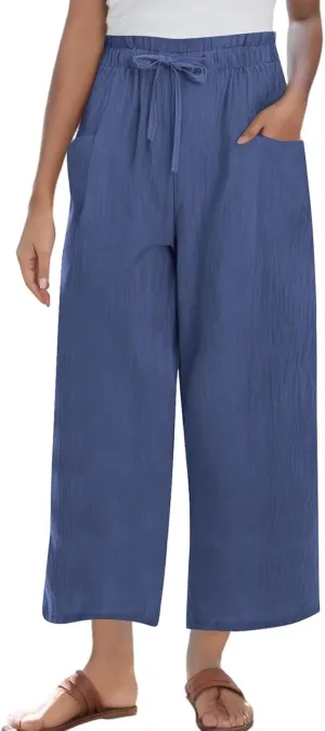 Summer Pants for Women Cotton Linen Straight Wide Leg Ankle Pants Drawstring Elastic Waist Trousers with Pockets