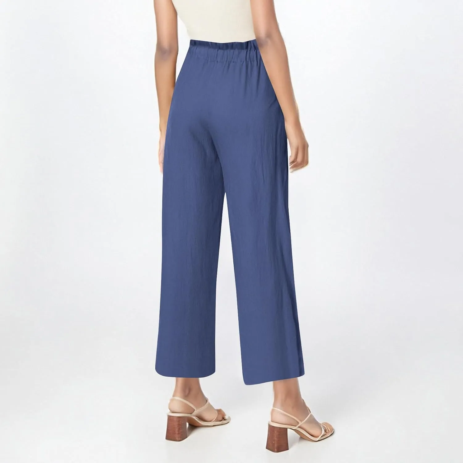 Summer Pants for Women Cotton Linen Straight Wide Leg Ankle Pants Drawstring Elastic Waist Trousers with Pockets
