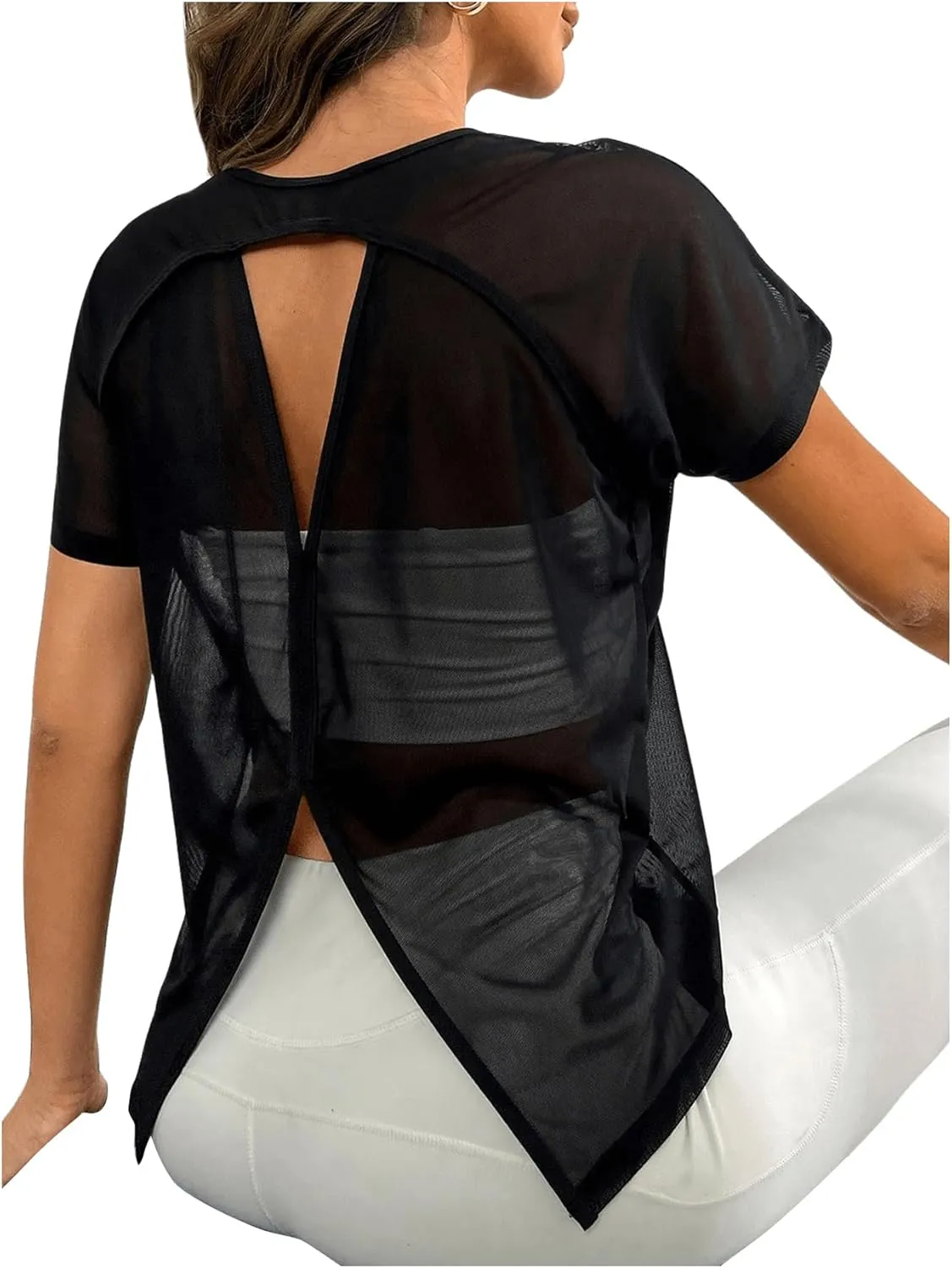 SweatyRocks Women's Activewear Short Sleeve Round Neck Mesh Tee Cut Out Split Back Sports T Shirt