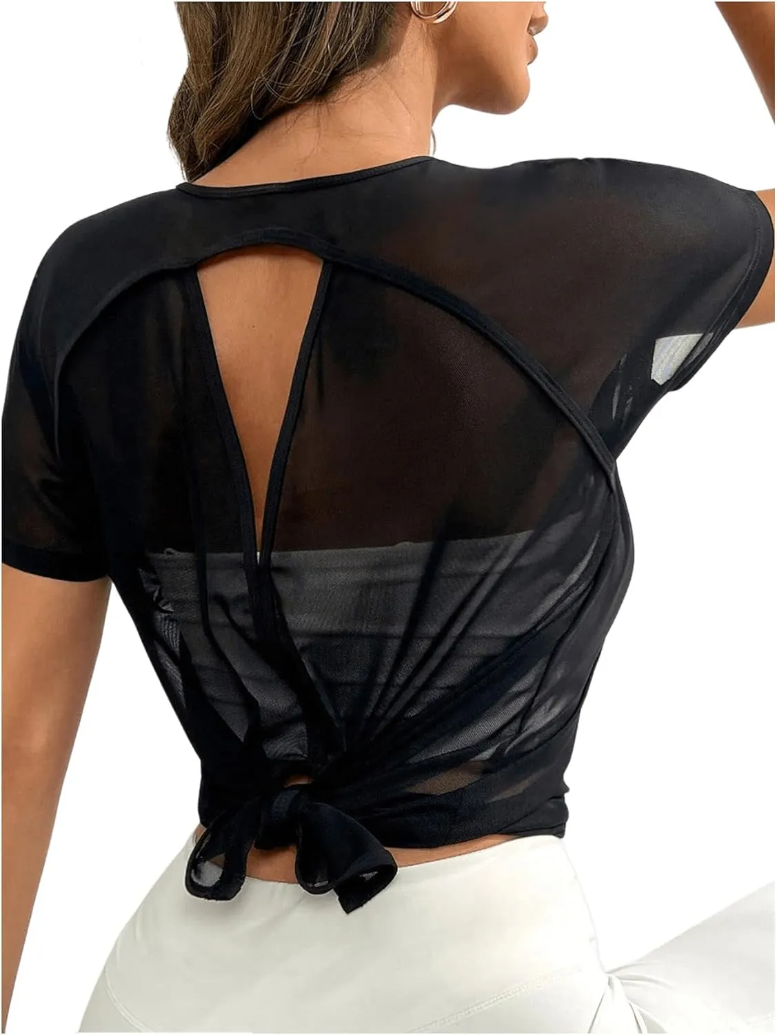 SweatyRocks Women's Activewear Short Sleeve Round Neck Mesh Tee Cut Out Split Back Sports T Shirt