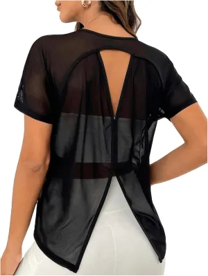 SweatyRocks Women's Activewear Short Sleeve Round Neck Mesh Tee Cut Out Split Back Sports T Shirt