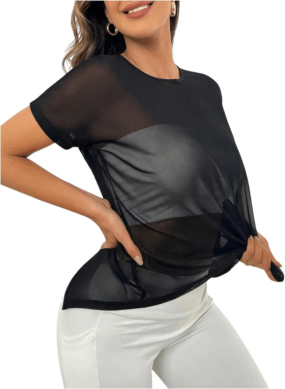 SweatyRocks Women's Activewear Short Sleeve Round Neck Mesh Tee Cut Out Split Back Sports T Shirt