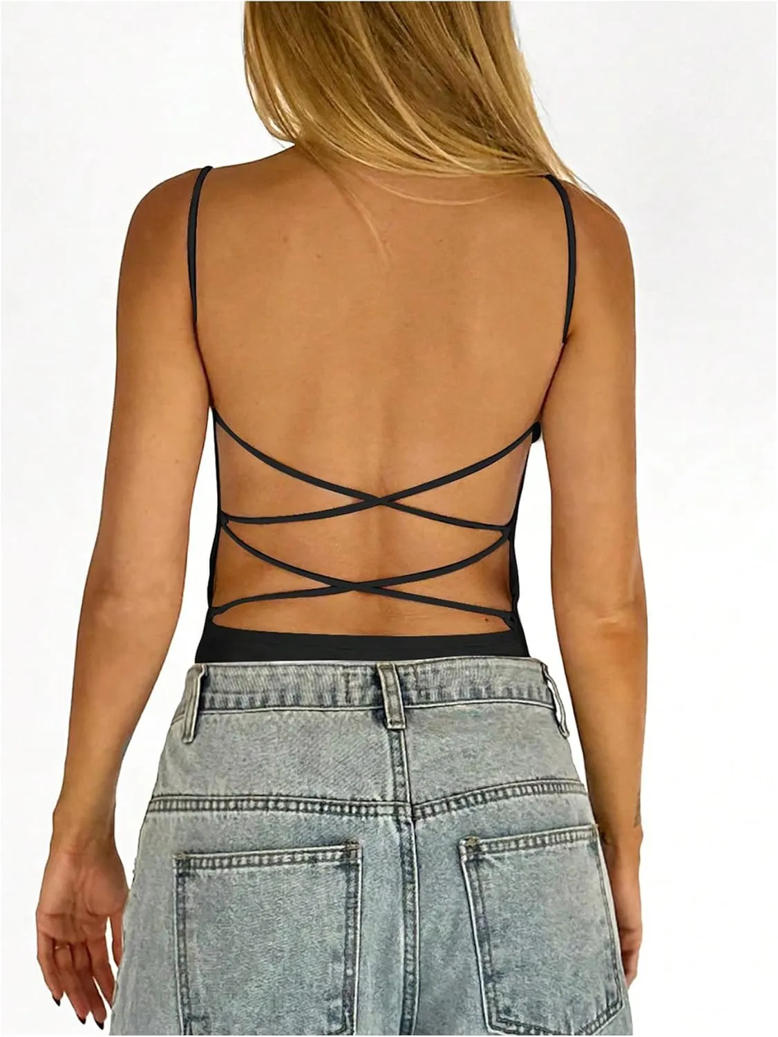 SweatyRocks Women's Backless Camisole Tops Criss Cross Fitted Spaghetti Strap Tank Top