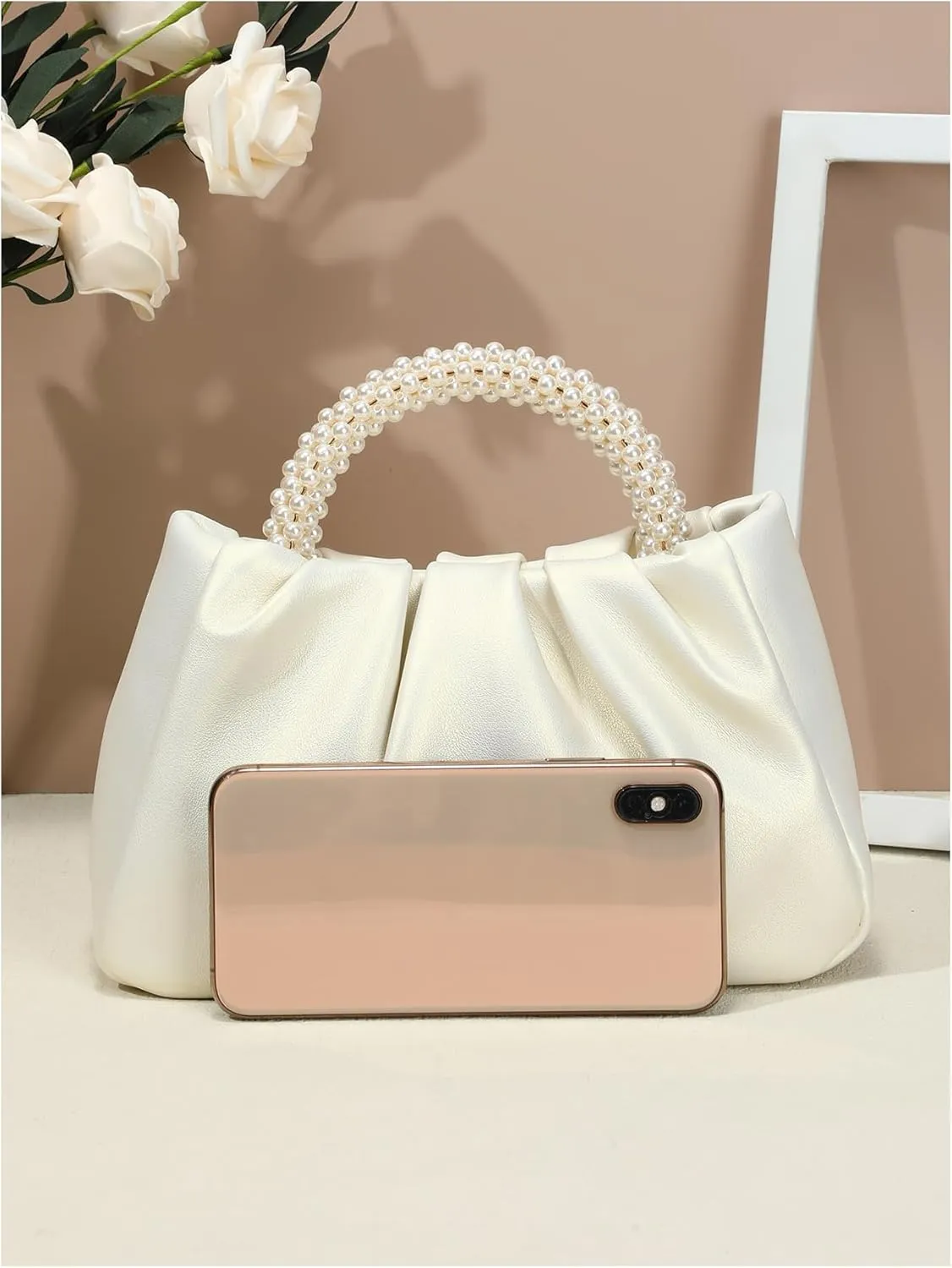 SweatyRocks Women's Ruched Clutch Handbags Pearls Top Handle Leather Satchel Crossbody Bags