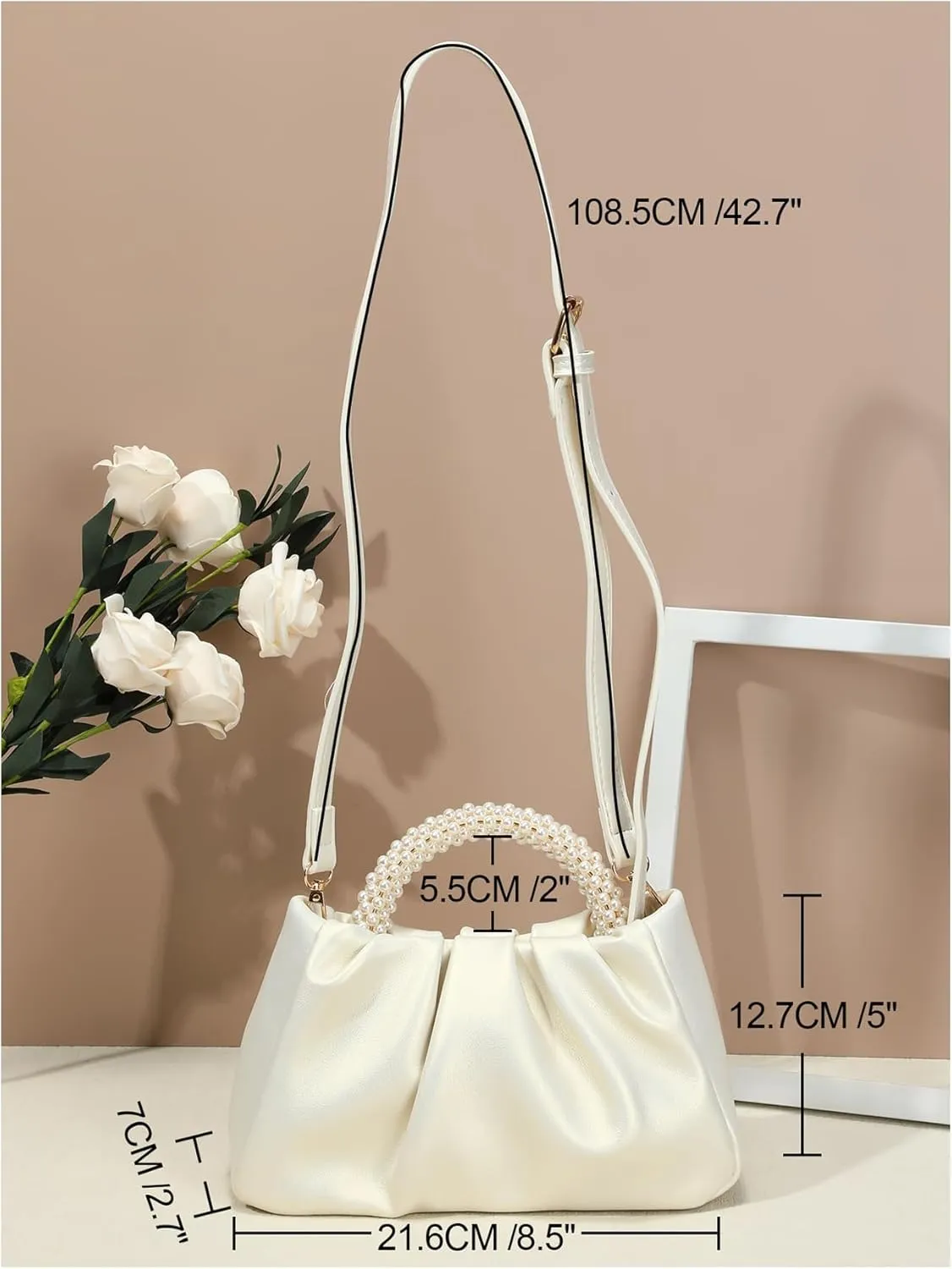 SweatyRocks Women's Ruched Clutch Handbags Pearls Top Handle Leather Satchel Crossbody Bags