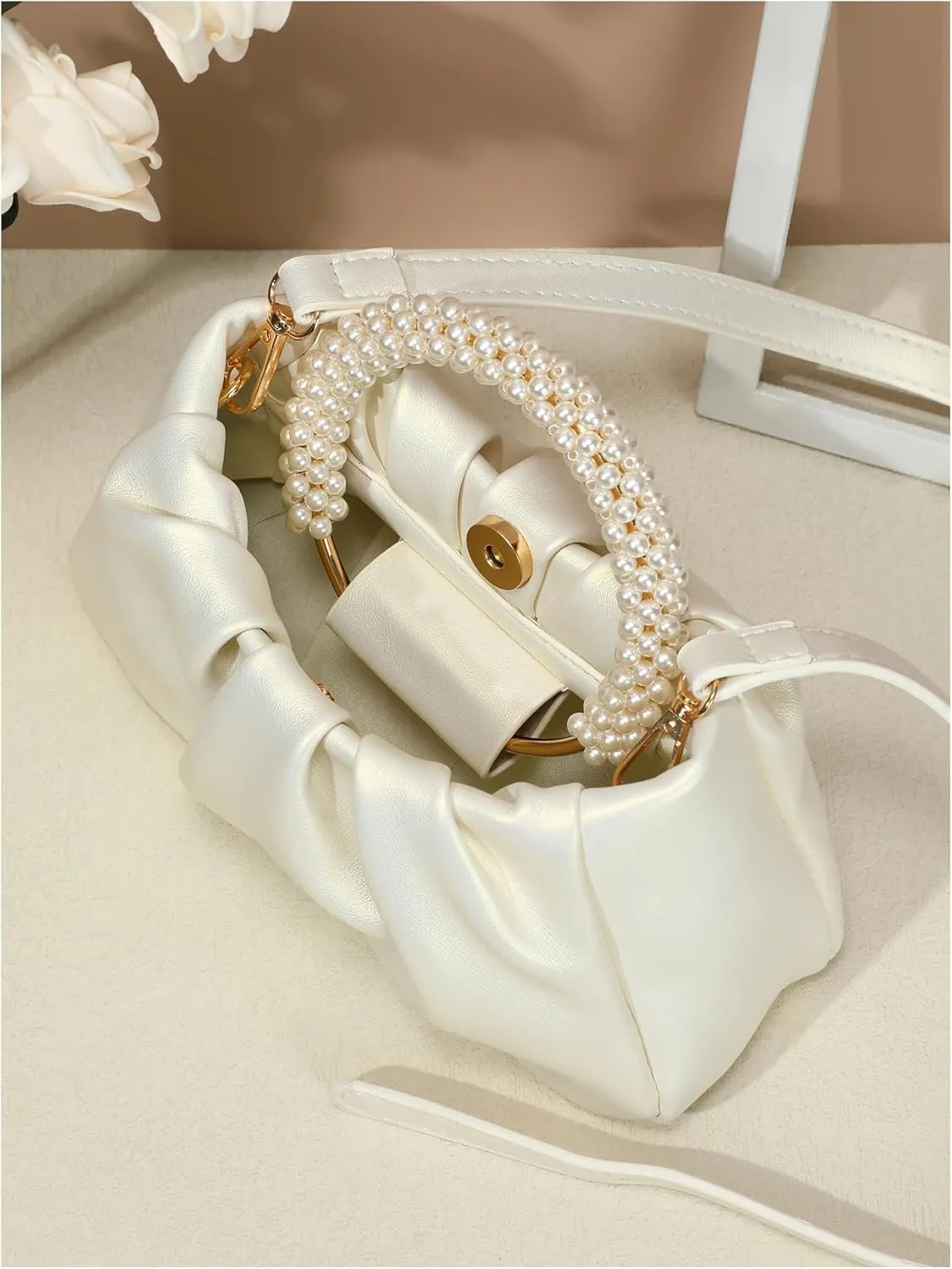SweatyRocks Women's Ruched Clutch Handbags Pearls Top Handle Leather Satchel Crossbody Bags