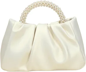 SweatyRocks Women's Ruched Clutch Handbags Pearls Top Handle Leather Satchel Crossbody Bags