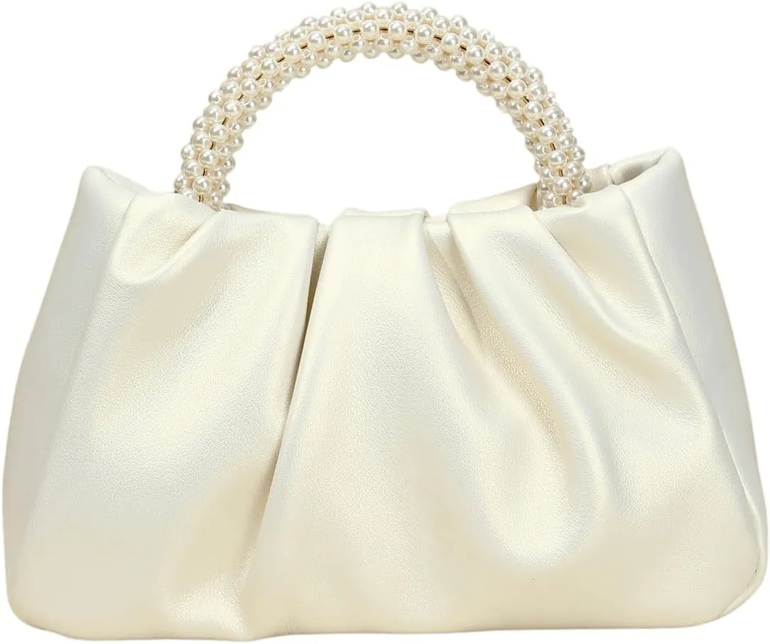SweatyRocks Women's Ruched Clutch Handbags Pearls Top Handle Leather Satchel Crossbody Bags