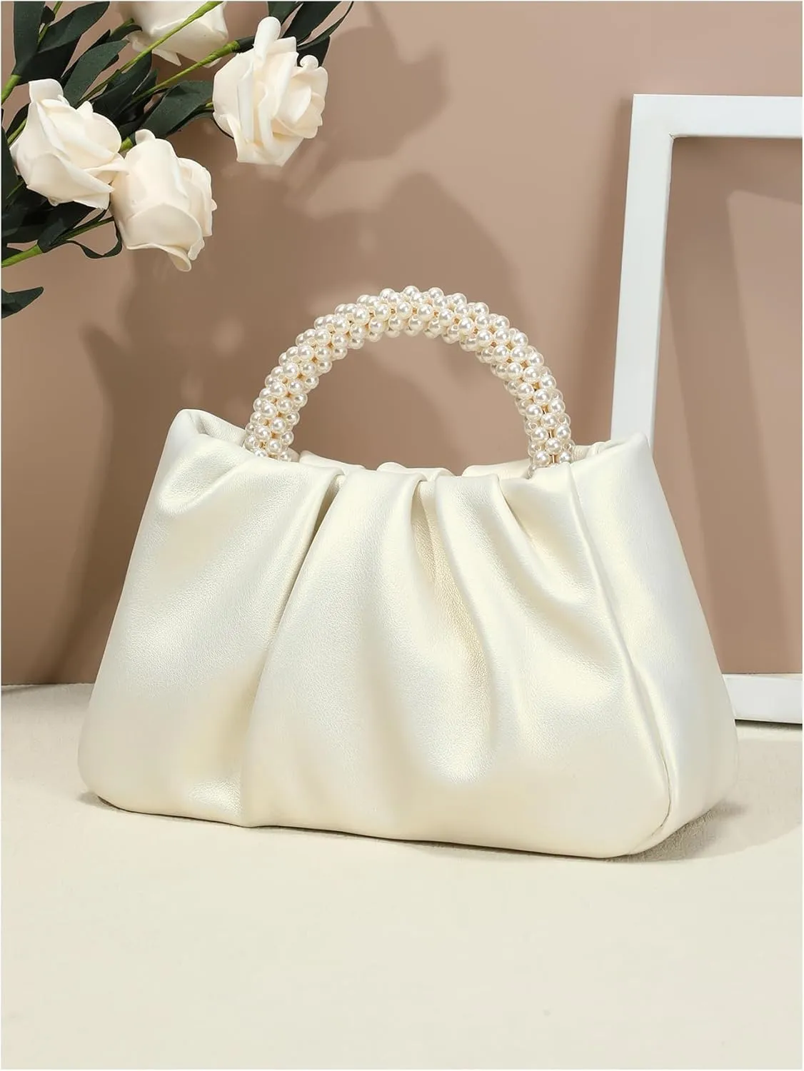SweatyRocks Women's Ruched Clutch Handbags Pearls Top Handle Leather Satchel Crossbody Bags