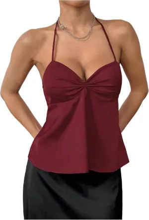 SweatyRocks Women's Ruched Satin Halter Tops Sleeveless Summer Camisole Going Out Top