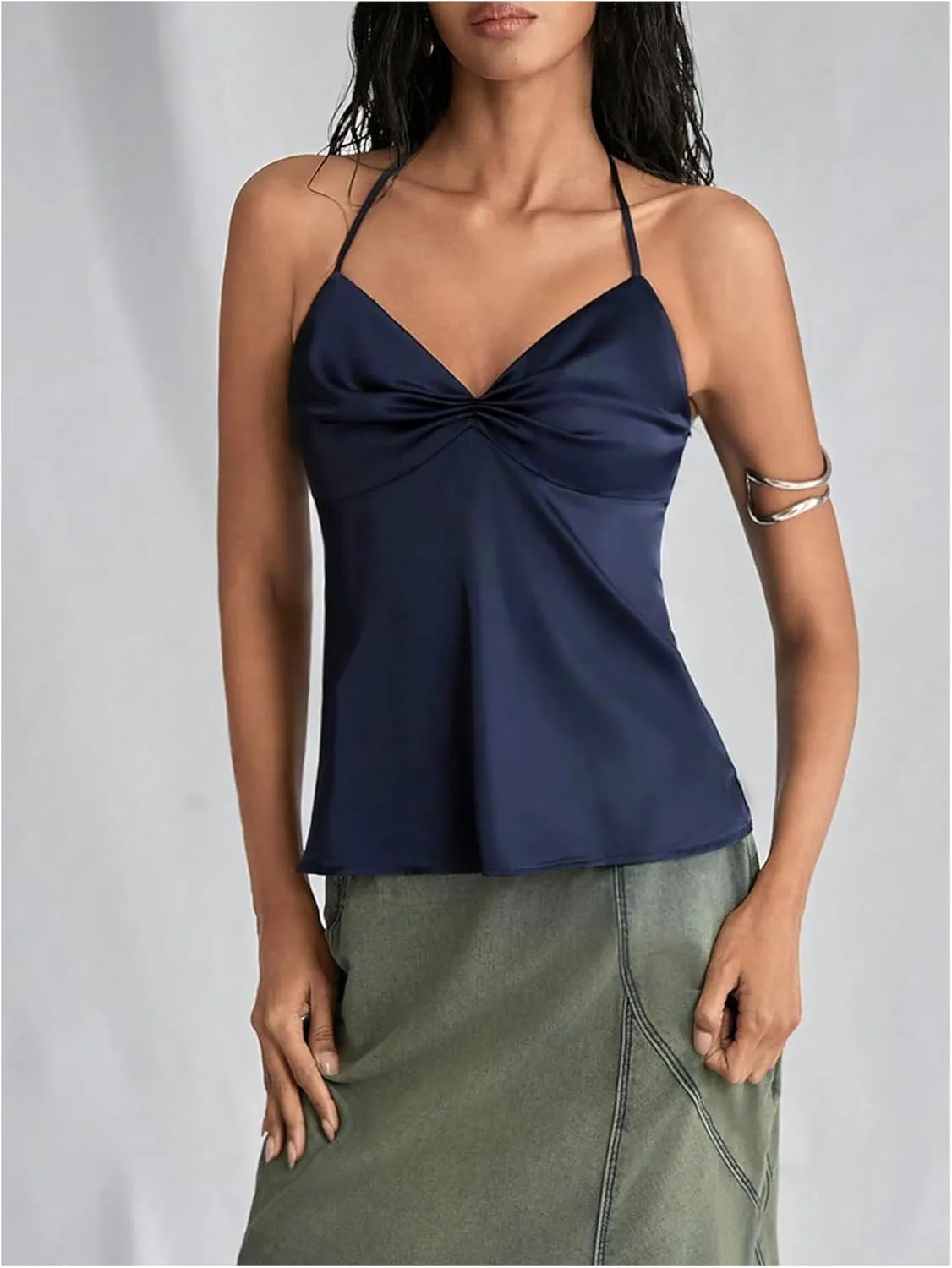 SweatyRocks Women's Ruched Satin Halter Tops Sleeveless Summer Camisole Going Out Top