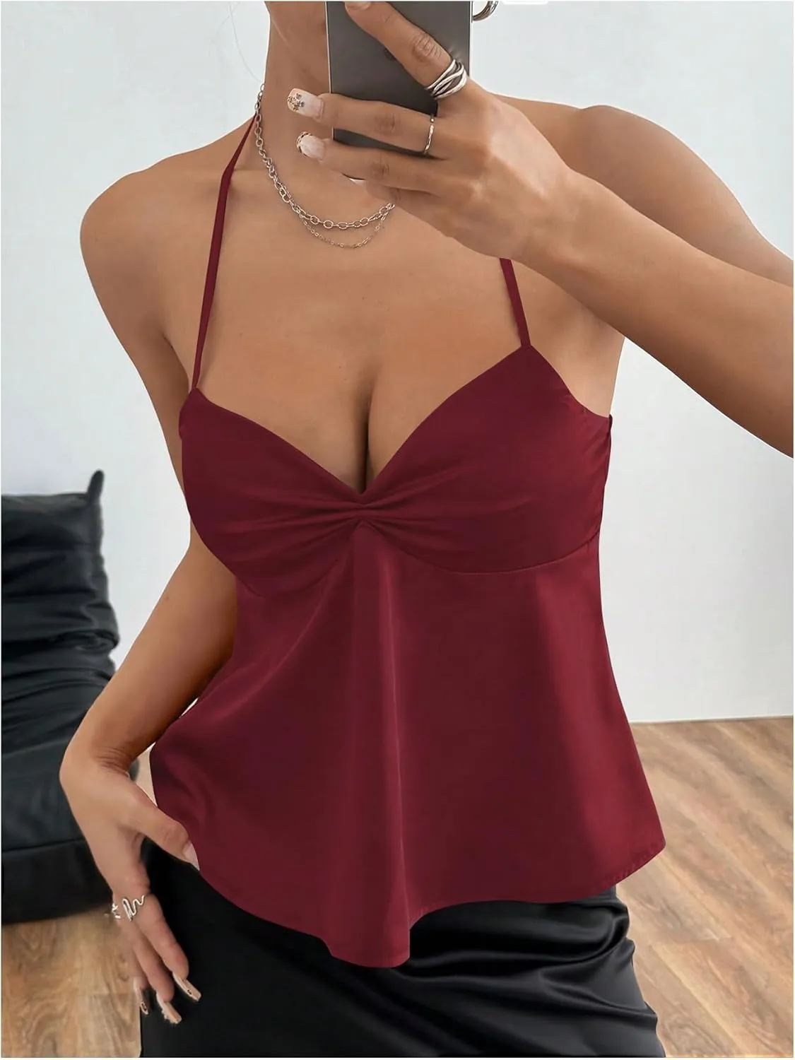 SweatyRocks Women's Ruched Satin Halter Tops Sleeveless Summer Camisole Going Out Top
