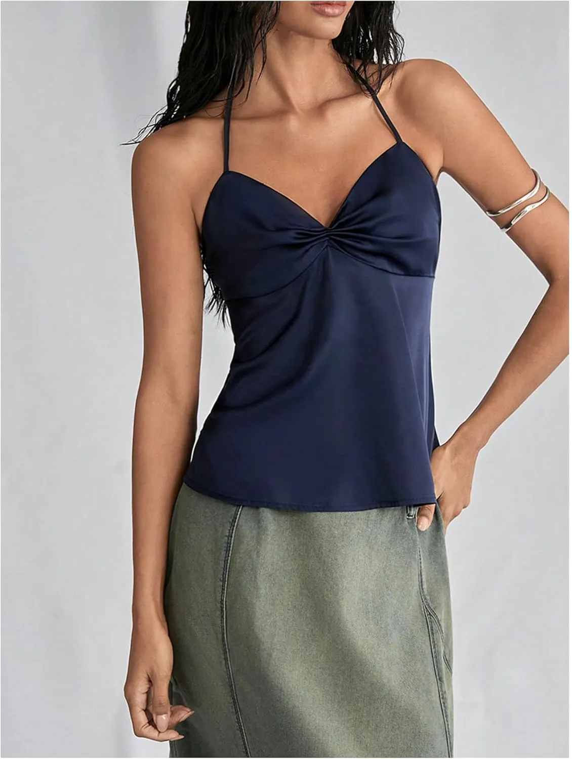 SweatyRocks Women's Ruched Satin Halter Tops Sleeveless Summer Camisole Going Out Top