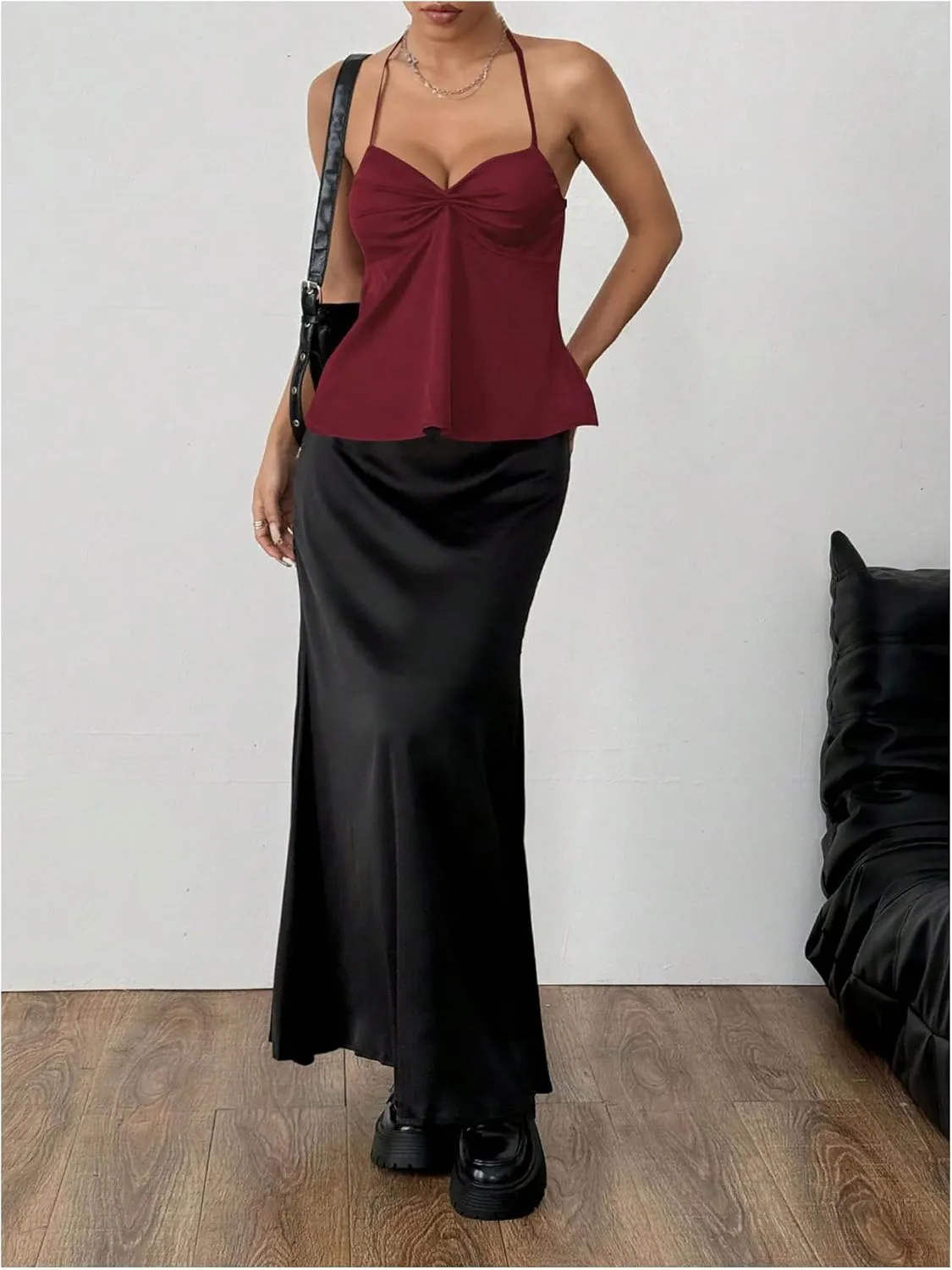 SweatyRocks Women's Ruched Satin Halter Tops Sleeveless Summer Camisole Going Out Top