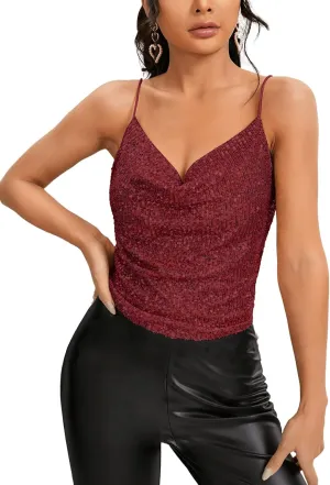 SweatyRocks Women's Sleeveless Sparkle Sequin Cami Crop Top Spaghetti Strap Party Tops