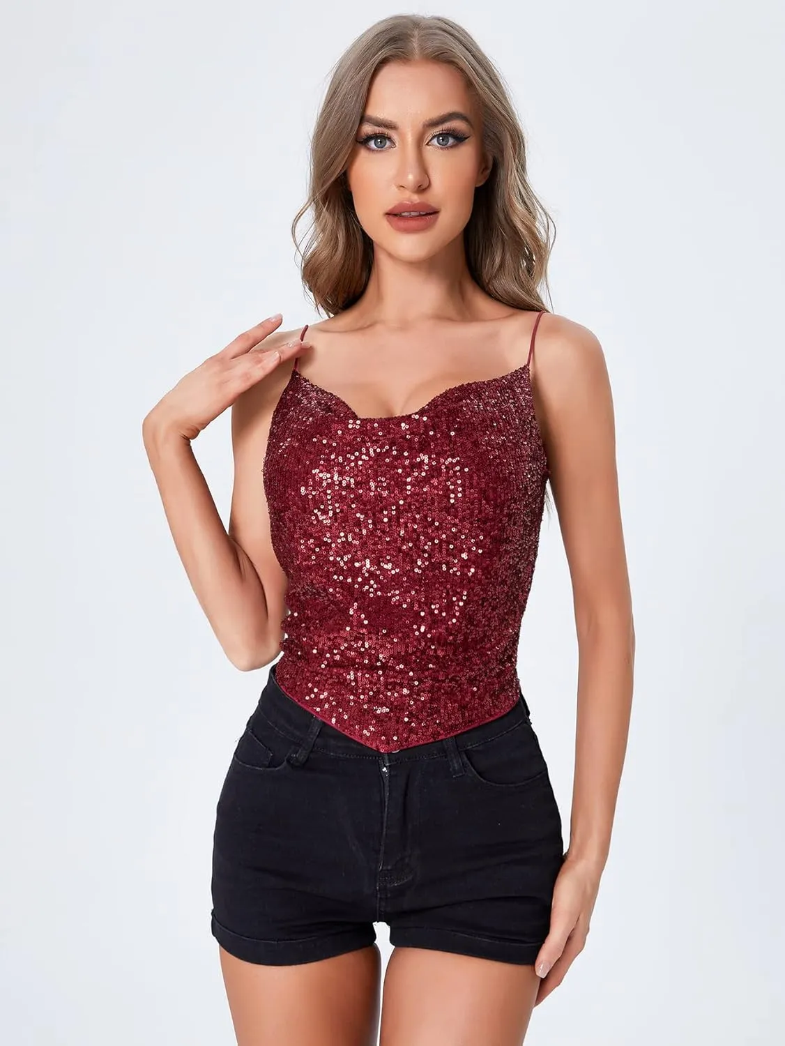SweatyRocks Women's Sleeveless Sparkle Sequin Cami Crop Top Spaghetti Strap Party Tops