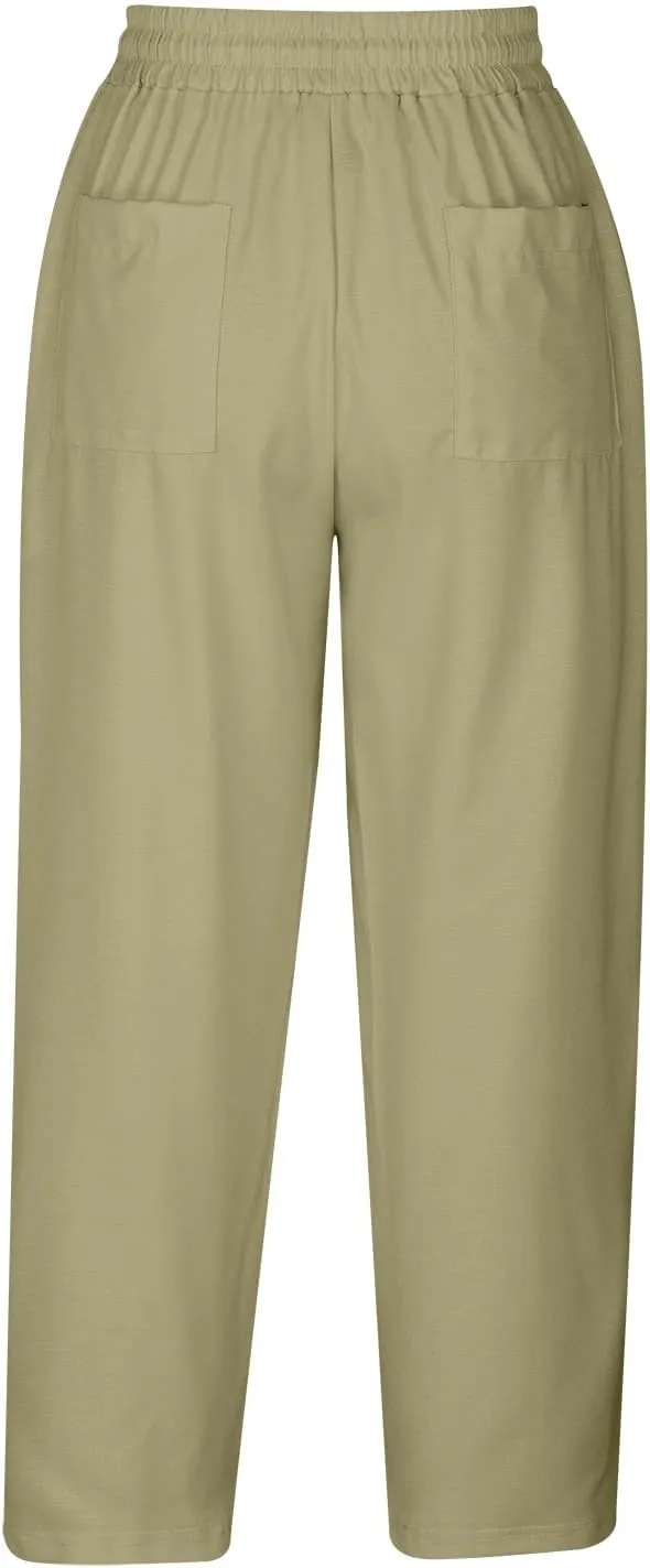 TANGNADE Petite Capris for Women Petite Length Casual Loose Drawstring Wide Cropped Trousers with Pocket Beach Clothes