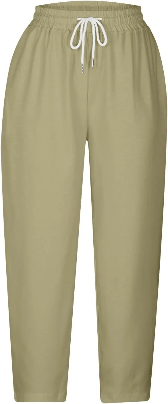 TANGNADE Petite Capris for Women Petite Length Casual Loose Drawstring Wide Cropped Trousers with Pocket Beach Clothes