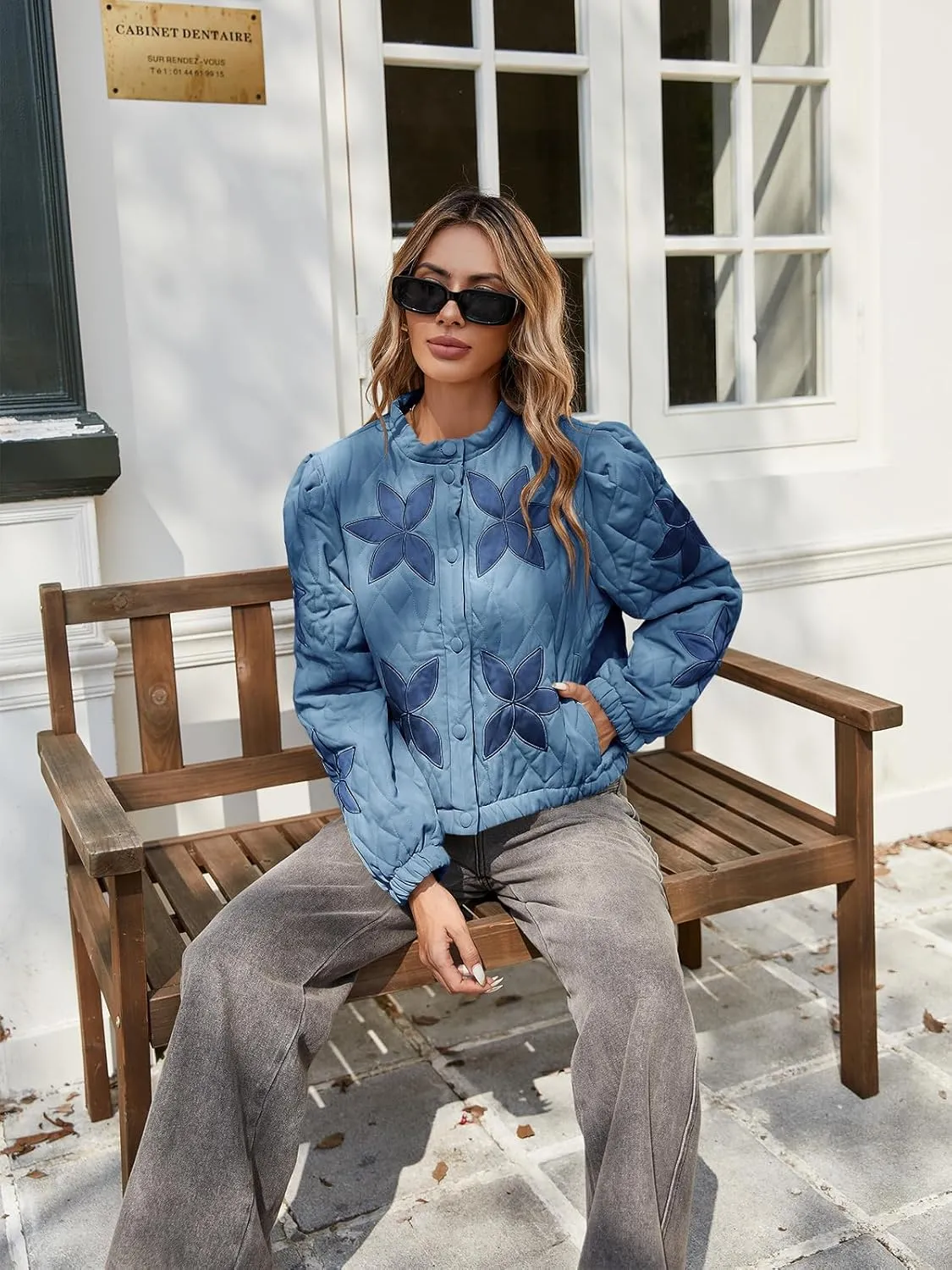 Tankaneo Womens Casual Cropped Bomber Quilted Jacket Embroidery Lightweight Button Down Warm Winter Coats