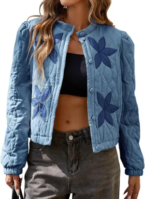 Tankaneo Womens Casual Cropped Bomber Quilted Jacket Embroidery Lightweight Button Down Warm Winter Coats