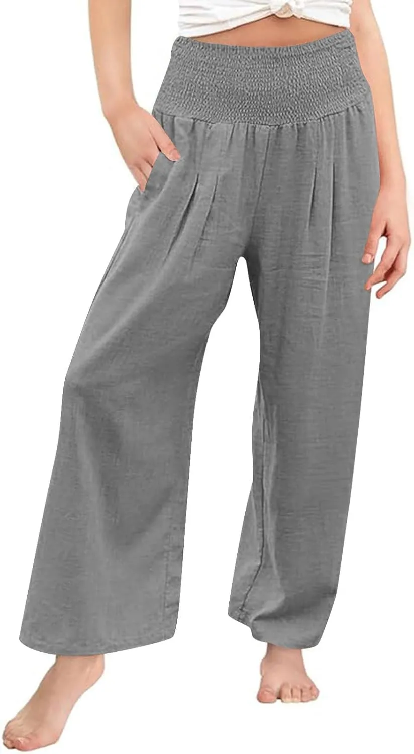Teen Girls Cotton Linen Palazzo Pants Kids Beach Travel Resort Trousers Summer High Waist Casual Wide Leg Lounge Pant