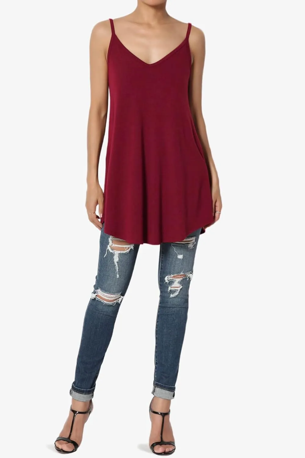 TheMogan Women's Scoop V Neck Stretch Draped Jersey Flared Camisole Tunic Top