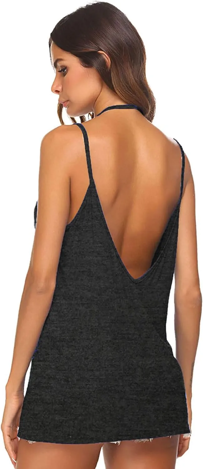 Tobrief Women's Sexy V Neck Halter Spaghetti Strap Backless Cami Tank Top