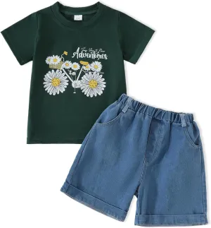 Toddler Girl Clothes Letter Graphic Top Denim Shorts 2PC Summer Outfit Set