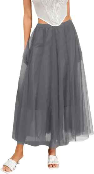 Tulle Skirts for Women Pleated Layered Tutu Skirt Ladies Elegant Flowy Long Skirts Bridesmaid Wedding Midi Skirt
