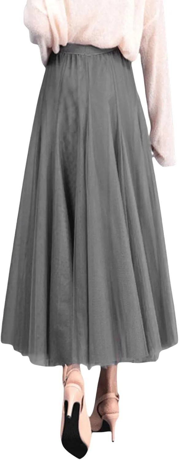 Tulle Skirts for Women Pleated Layered Tutu Skirt Ladies Elegant Flowy Long Skirts Bridesmaid Wedding Midi Skirt