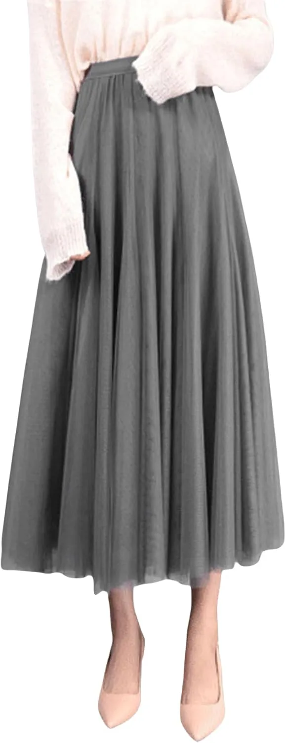 Tulle Skirts for Women Pleated Layered Tutu Skirt Ladies Elegant Flowy Long Skirts Bridesmaid Wedding Midi Skirt